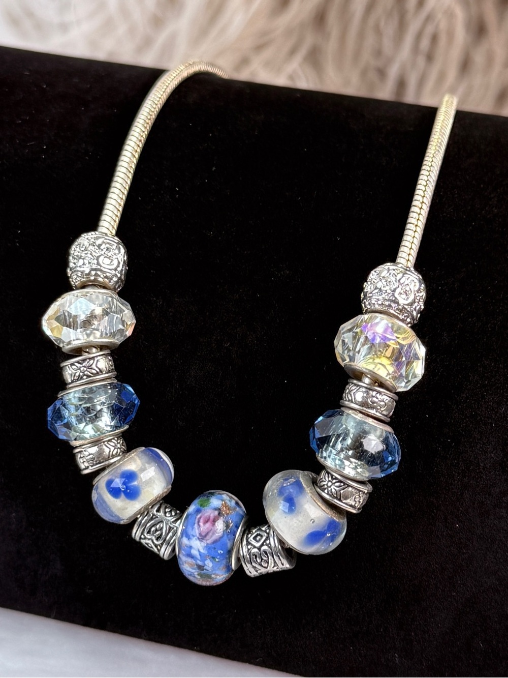Pandora Style Blue Lampwork Glass Bead Snake Chain Necklace Silver Tone 18"